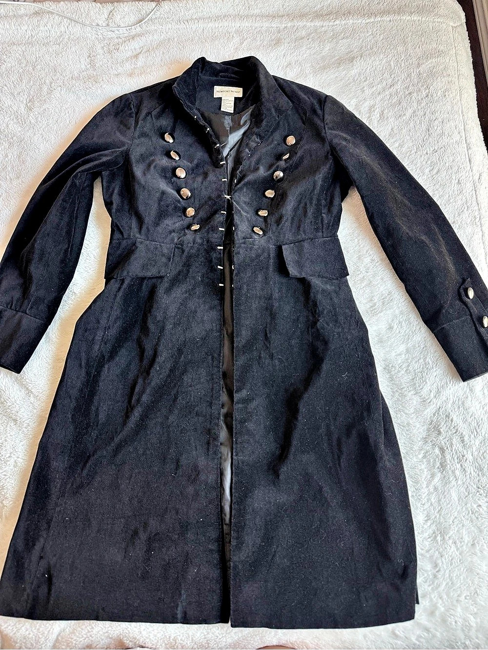 2000s Vintage Newport News Black Velvet Military Long Coat Black Double-Breasted